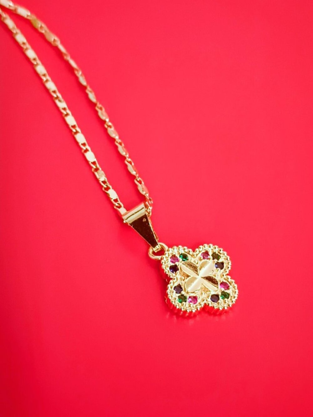Etched Clover and Cross Pendant Necklace 18" Gold Tone w Tiny Multicolor Stones